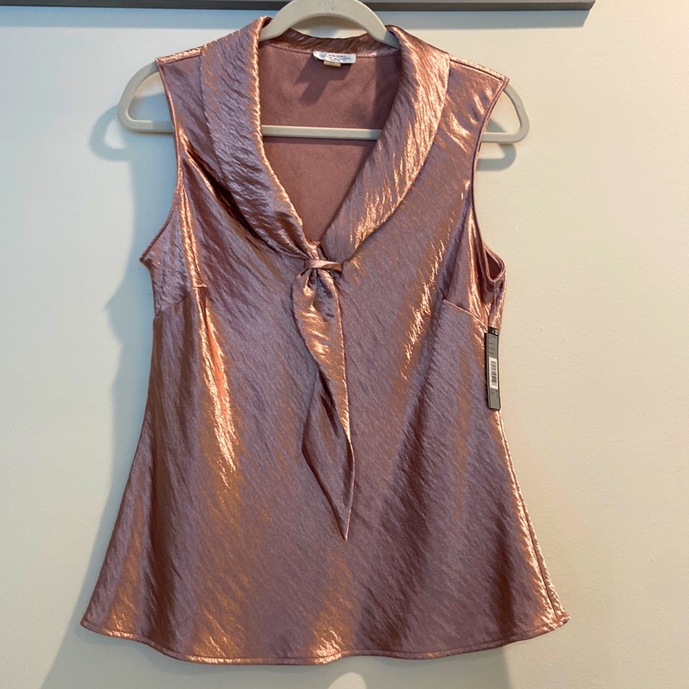 Tahari Rose Metallic Satin Tie-Neck Sleeveless Blouse